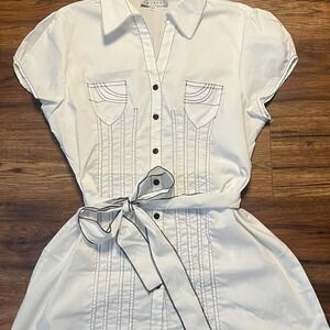 Vintage Y2K White Blouse Black Stitching Tie Women Large‎ 2000s Preppy Mcbling